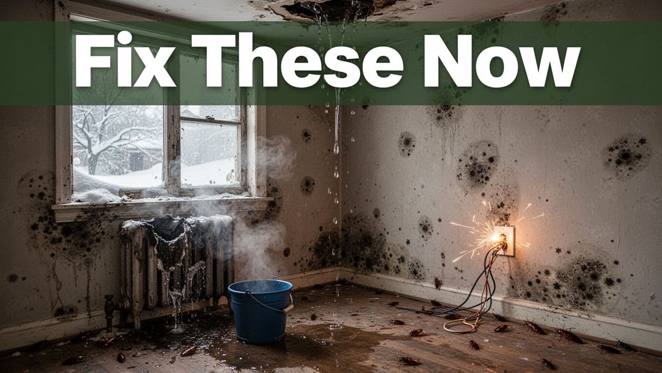 Realistic photo of rundown apartment living room with leaking radiator, water damage, black mold, sparking wires, and cockroaches, topped with 'Fix These Now' headline.