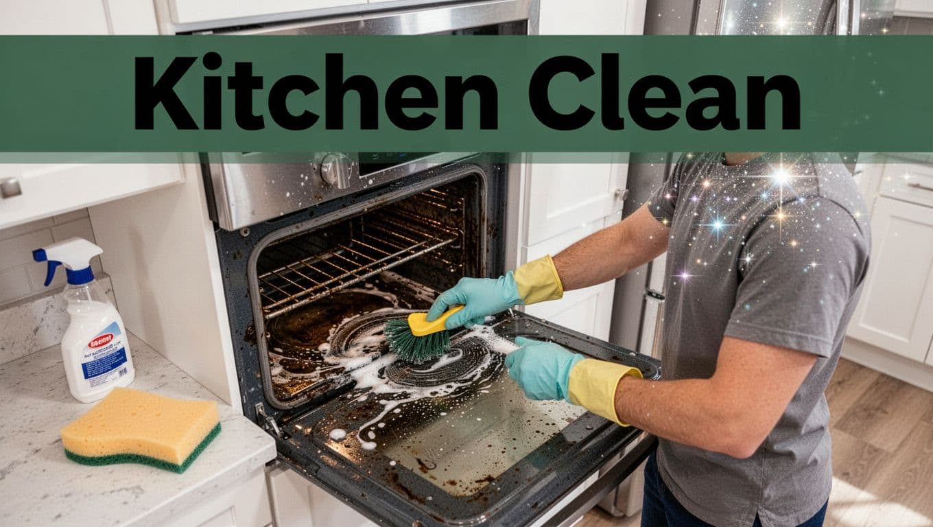 Photorealistic top-down view of a person in gloves scrubbing a greasy oven interior with a scrub brush in a bright kitchen, sponge and degreaser nearby on counter, sparkling clean fridge in background, natural daylight lighting.