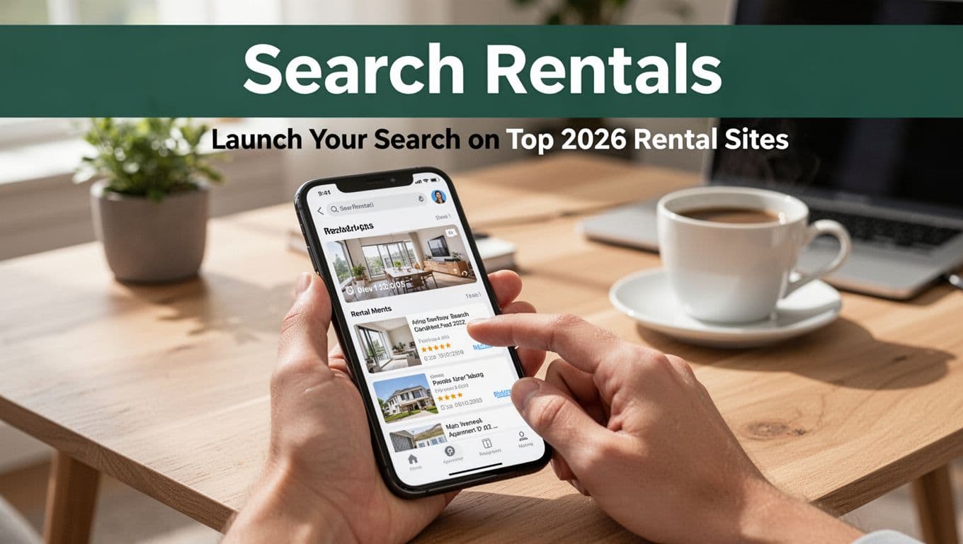 Smartphone screen displaying open apartment listings apps with a hand scrolling on a coffee table in a bright daytime home office. Bold 'Search Rentals' headline in muted dark-green band, vibrant natural light, modern realistic style.