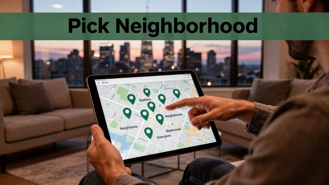 A person points at a tablet displaying a city map with pins on neighborhoods in a modern living room, urban skyline visible through the window under evening light. Bold dark-green header at top reads 'Pick Neighborhood' in clean sans-serif font.