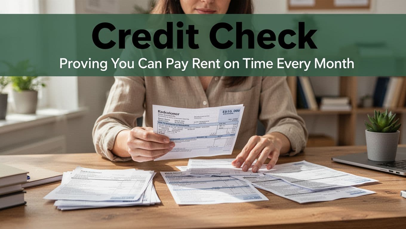 A person sorts pay stubs and bank statements on a wooden desk in a bright home office, with a bold 'Credit Check' banner at the top, illustrating income and credit verification for rent payment ability.