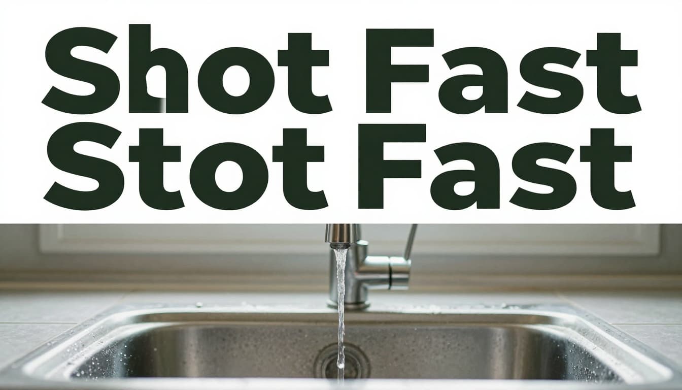 Bold 'Spot Fast' headline on a dark green band above a close-up realistic photo of a kitchen sink faucet actively dripping water into a puddle on a tiled floor in a modern apartment.
