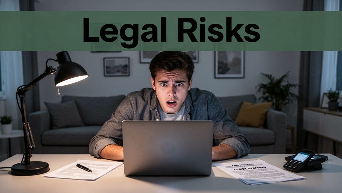 A stressed young professional stares anxiously at a laptop screen showing a low credit score alert, with court summons papers beside a phone on a home office desk. Bold 'Legal Risks' headline in a dark-green band at the top emphasizes the theme of lawsuits, evictions, and credit damage from breaking a lease.
