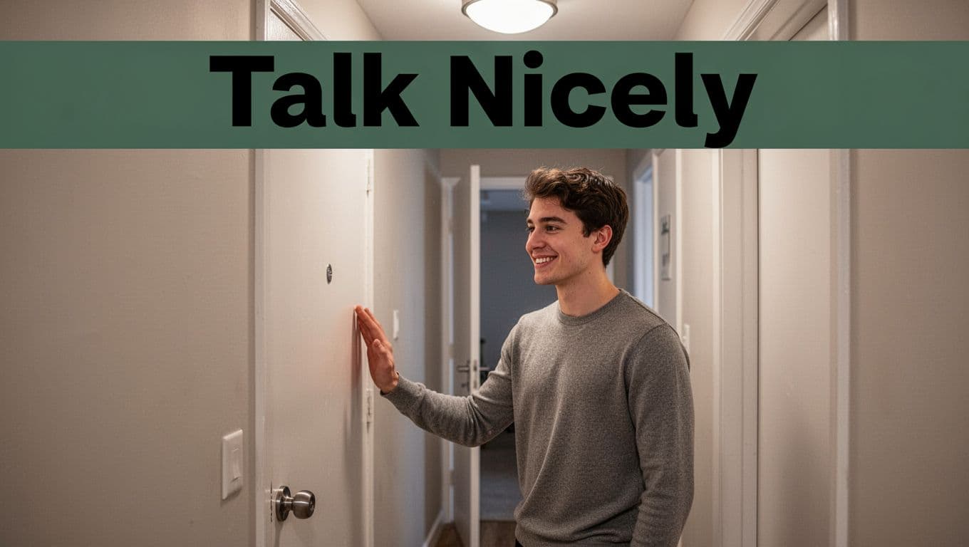 A friendly young adult stands smiling and knocking gently at an apartment door in a softly lit hallway, with the bold 'Talk Nicely' headline in a dark-green band at the top.