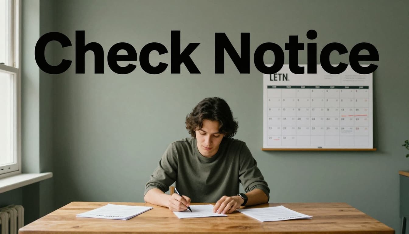 A person sits at a wooden kitchen table in a cozy apartment, reviewing an open lease agreement and wall calendar, marking the move-out date with a red pen under soft morning light.