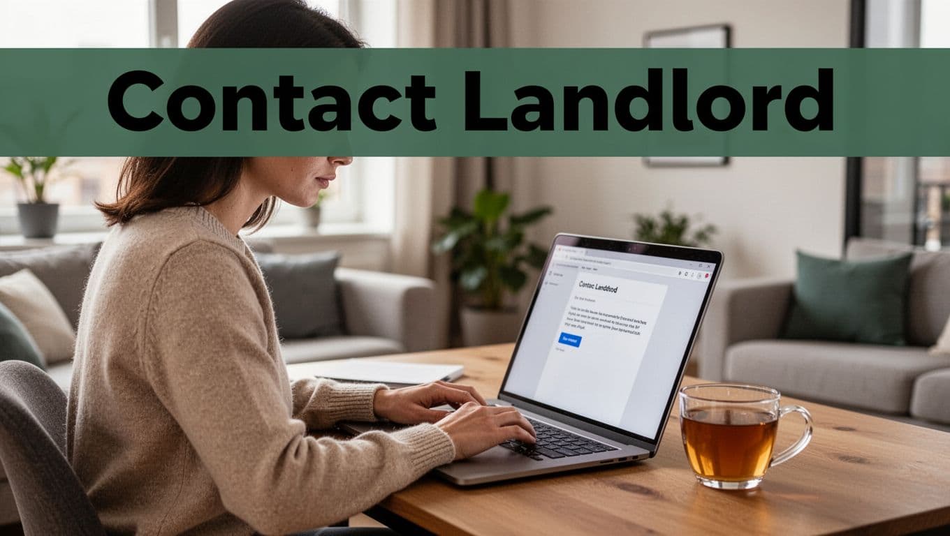 Focused tenant typing on laptop in modern home office, screen angled without text visibility, mug of tea nearby, bold 'Contact Landlord' headline in Montserrat Black font on muted dark-green band at top.
