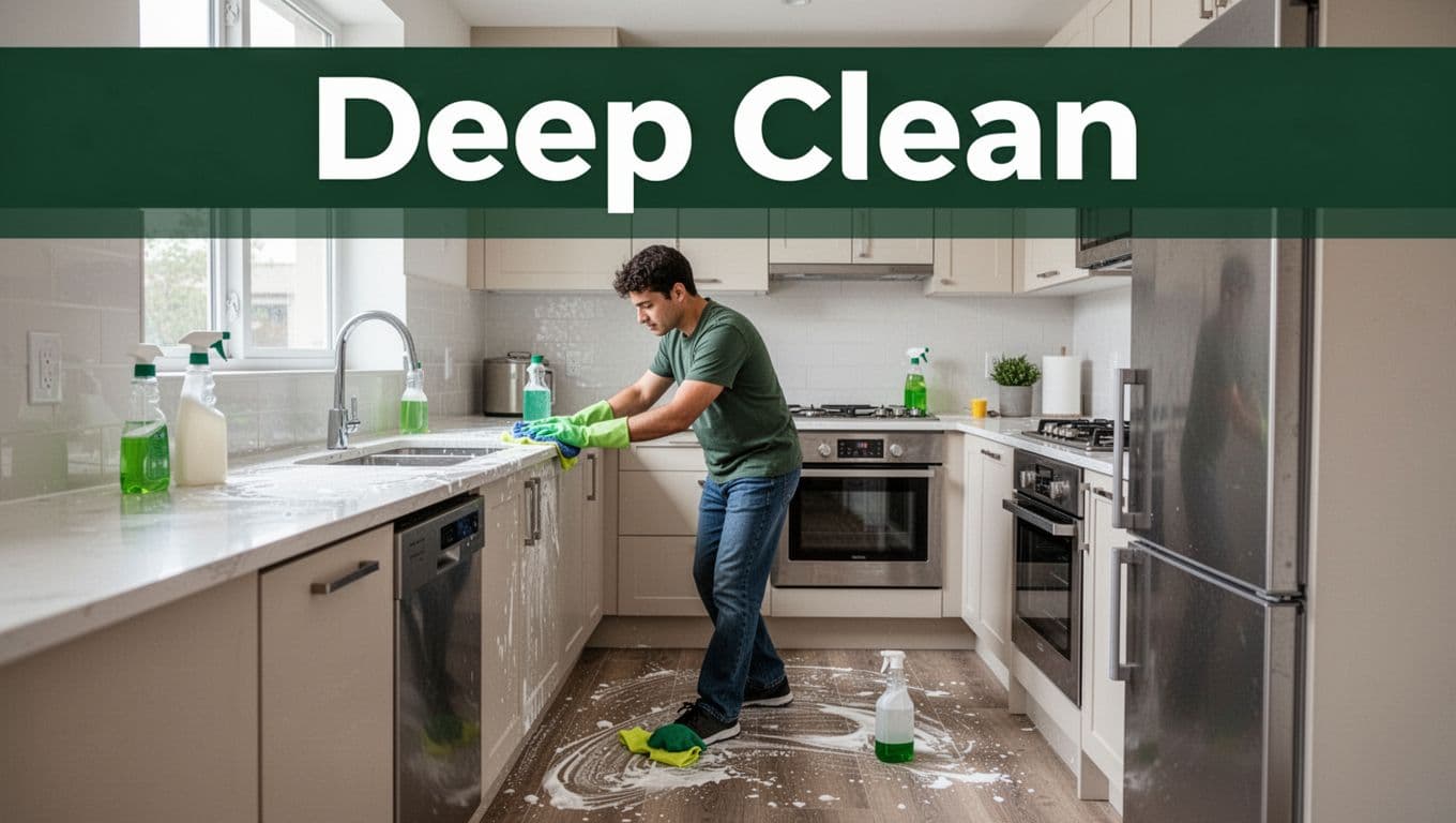 A single tenant scrubs counters, appliances, and floors in a bright modern rental apartment kitchen, with cleaning supplies visible and a bold 'Deep Clean' headline in a muted green band at the top. Realistic photo in editorial style with natural daylight and neutral palette accented by green.
