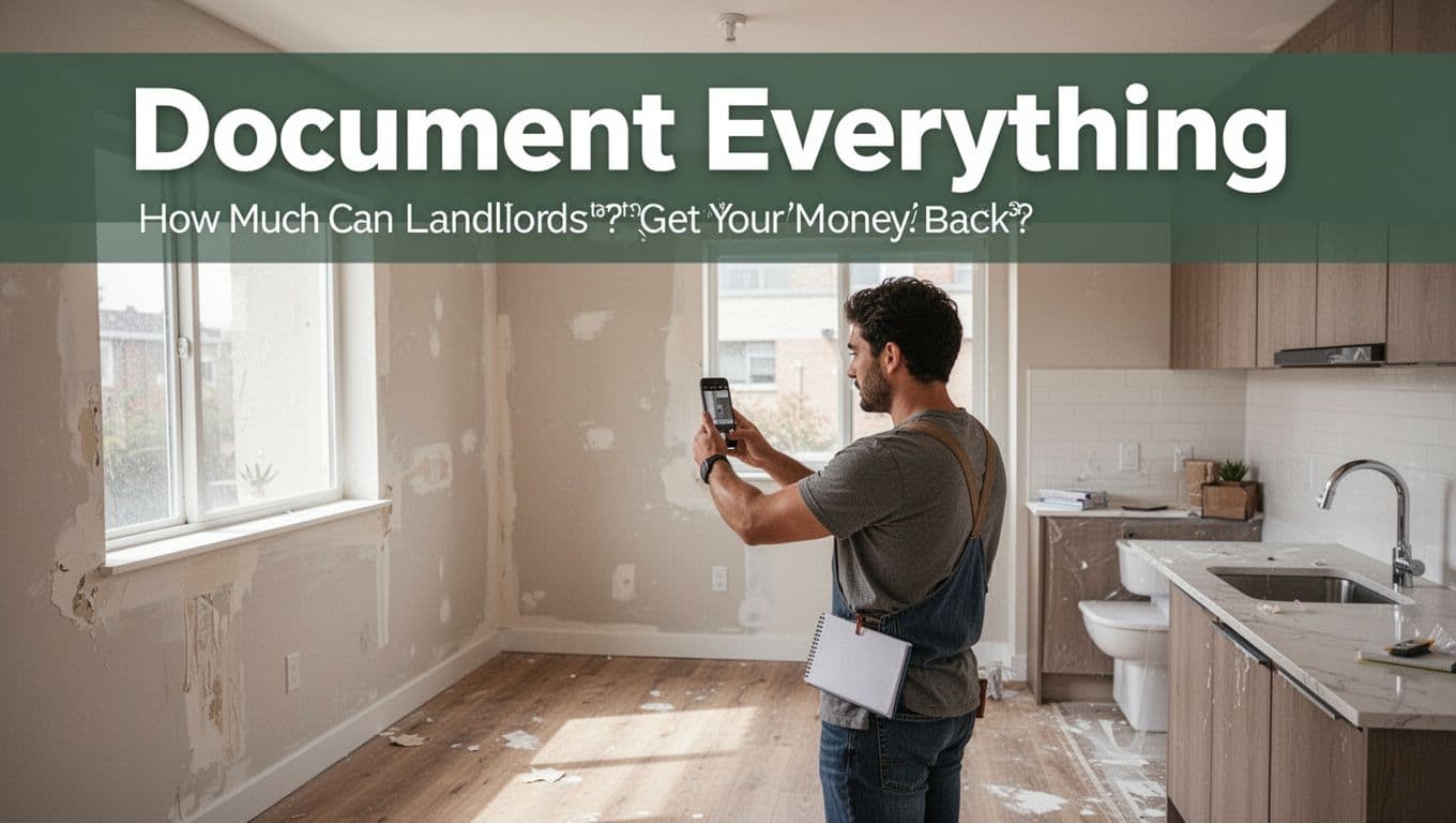 Tenant photographing clean empty apartment during move-out inspection to document condition for security deposit return.