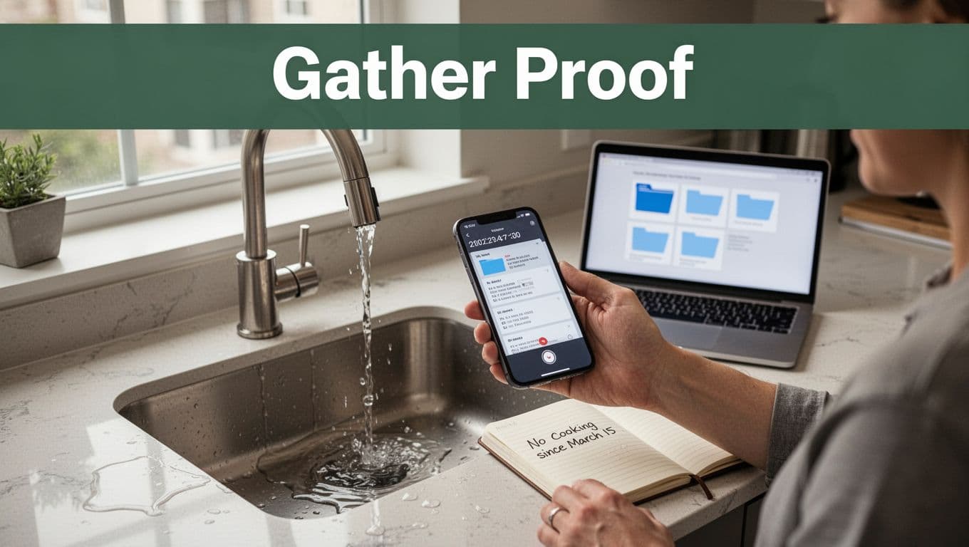 Realistic photo of a tenant using a smartphone to take a timestamped picture of a leaking kitchen faucet with water pooling on the counter and an open notebook noting daily impacts like no cooking since March 15. Laptop in background shows organized digital folders, modern kitchen with natural light, and top muted dark-green banner with bold 'Gather Proof' headline.