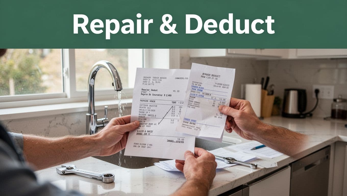 Realistic photo of a smiling tenant in a modern apartment kitchen holding a printed repair receipt and paid invoice, with fixed faucet and wrench in the background under natural daylight. Top edge-to-edge muted dark-green band features bold 'Repair & Deduct' headline.