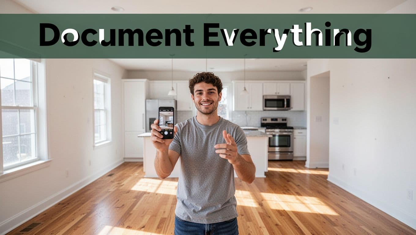 Young adult tenant holds smartphone to take timestamped photos and video of empty apartment walls, floors, appliances, and cabinets during move-in walkthrough in spacious sunny living room. Bold 'Document Everything' headline in dark-green band at top.