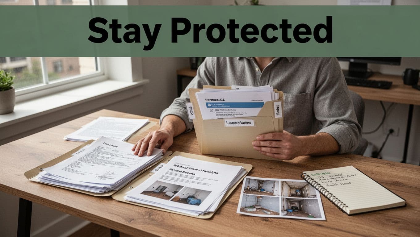 Realistic photo of one tenant at a wooden desk in a bright home office, organizing documents into labeled folders with lease papers, emails, receipts, repair photos, and health notes notebook. Bold 'Stay Protected' headline on muted dark-green band at top, natural daylight, modern US apartment style.