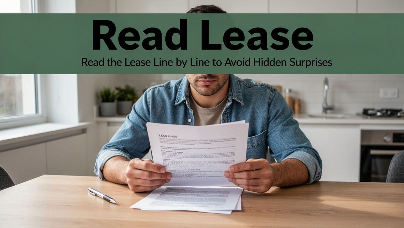 A tenant in casual clothes sits at a kitchen table in a modern rental apartment, carefully reading a lease document with a pen nearby. Bold 'Read Lease' headline in sans-serif font on dark-green band at top.