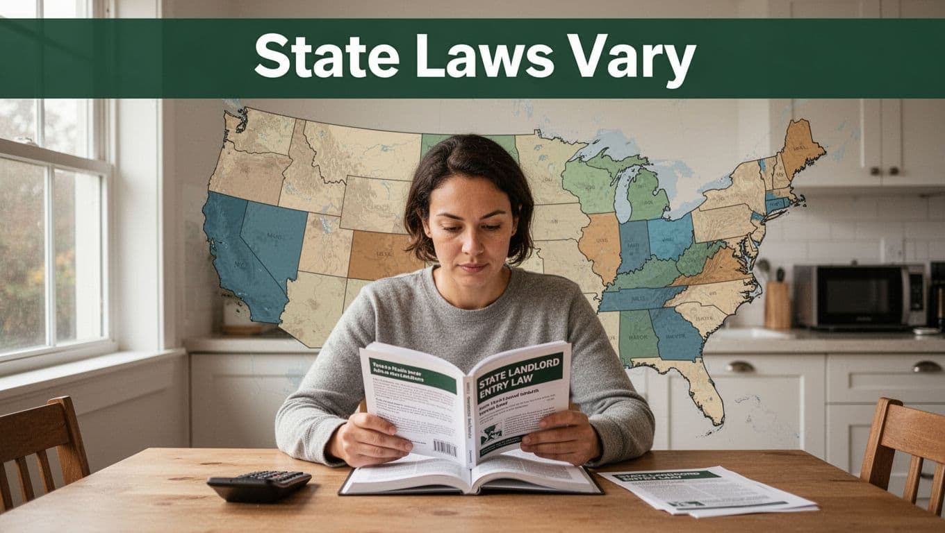 A tenant sits at a kitchen table in a cozy home office nook, focused on reading a booklet about state landlord entry laws, with a subtle US map highlighting different states in the background and natural window light. A muted dark-green band at the top features the bold headline 'State Laws Vary' in high-contrast sans-serif font.