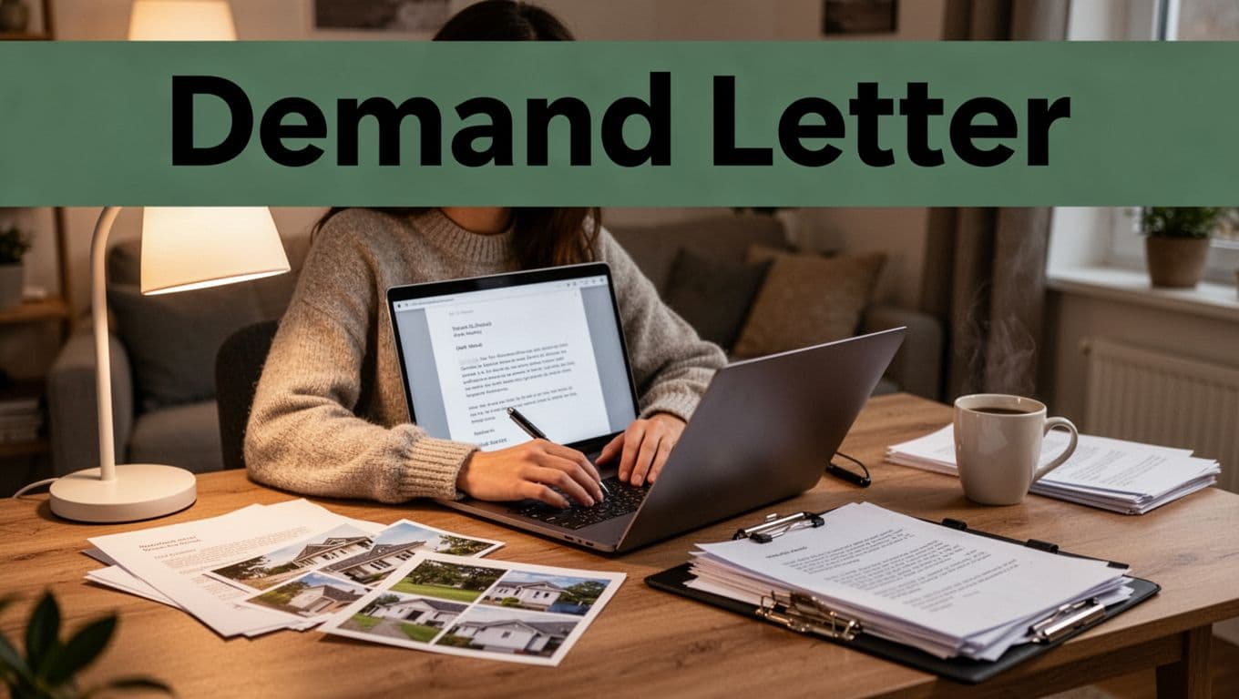 A tenant in a cozy home office types a demand letter on a laptop, surrounded by printed lease photos, organized documents, and a coffee mug under soft lamp light. Bold 'Demand Letter' headline in title case on a muted dark-green band at the top.