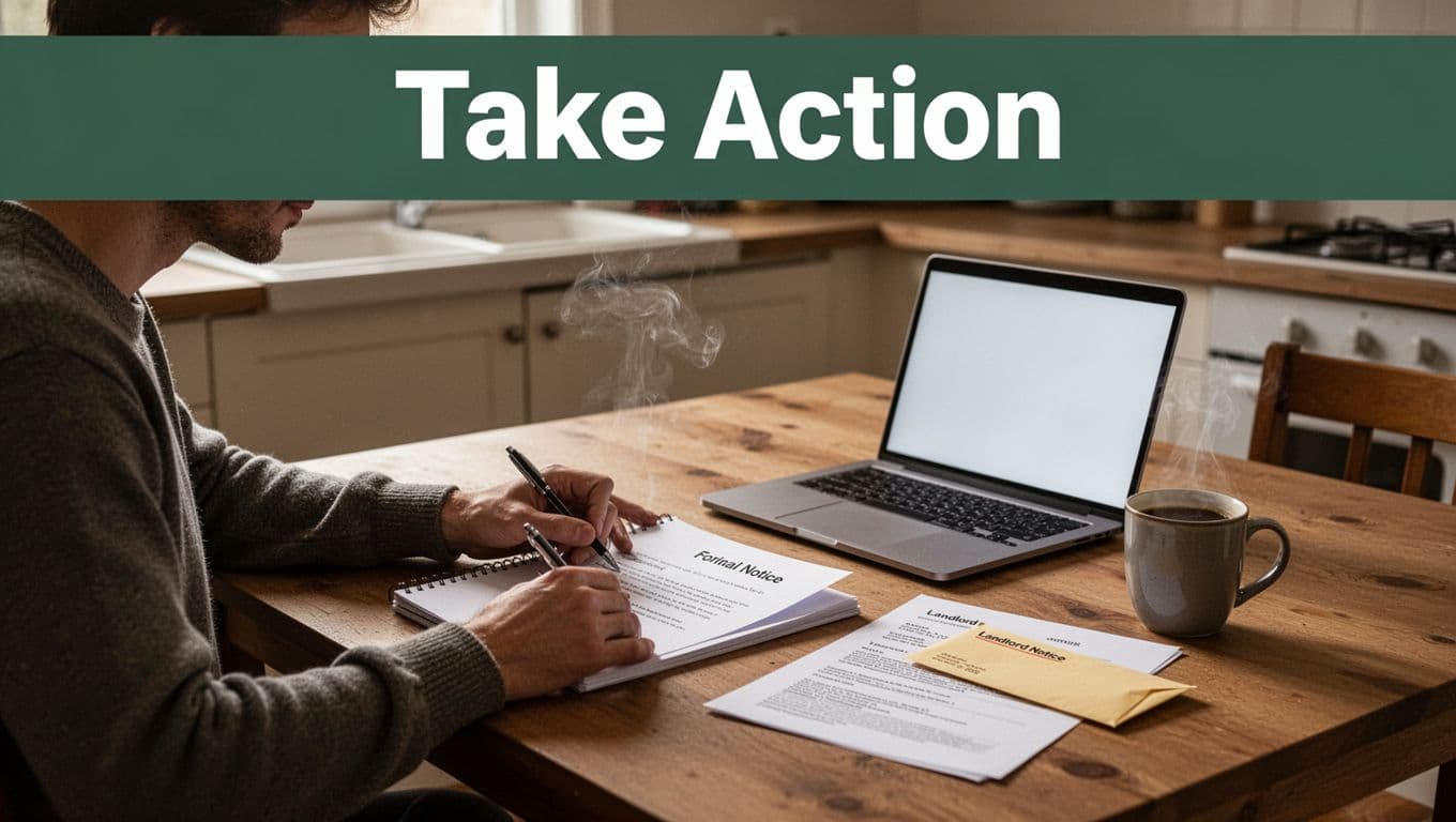 A focused individual sits at a wooden kitchen table in a cozy apartment, pen in hand writing a formal notice on a notepad, with an open laptop showing a blank document, printed lease agreement, and 'Landlord Notice' envelope nearby, steaming coffee mug, soft morning light. Bold 'Take Action' headline in editorial style across the top.