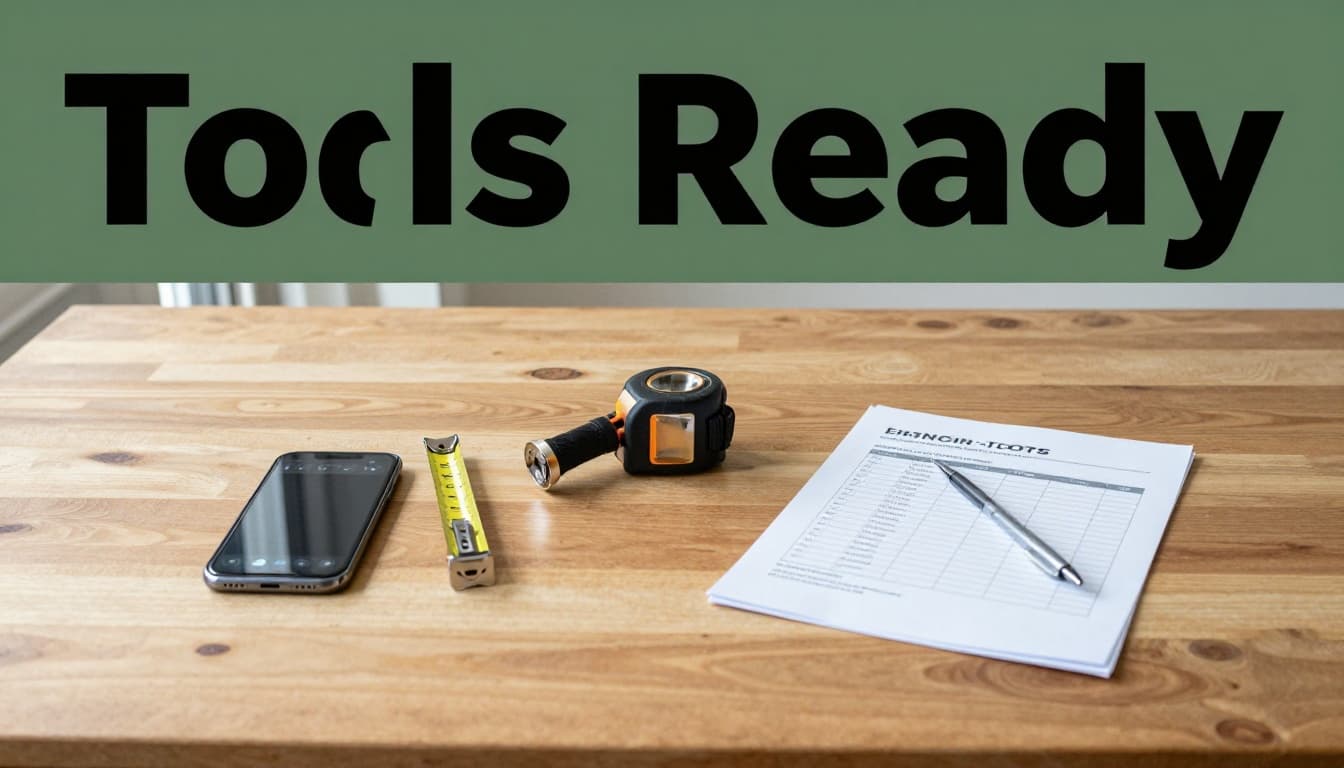 Essential inspection tools—smartphone with camera app, flashlight, tape measure, printed checklist, and pen—neatly arranged in a semi-circle on a wooden table in a rental apartment entryway, captured in bright natural daylight with a realistic photo style and muted earth tones. Bold 'Tools Ready' headline in high-contrast sans-serif font on a dark-green band at the top.