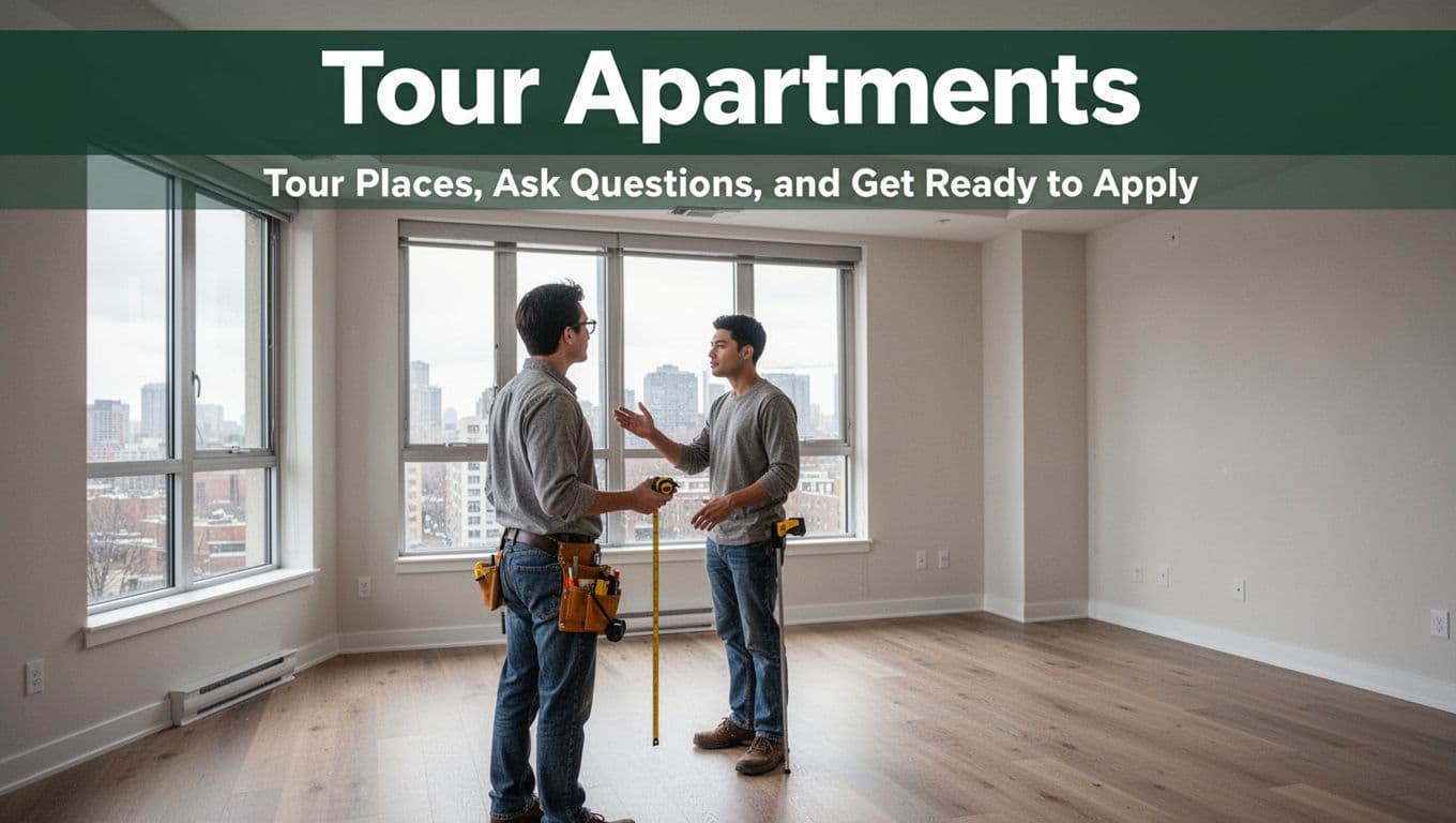 A person tours a spacious empty modern apartment living room during daytime, checking windows with a tape measure in hand amid natural light from large windows. Wide shot captures the exploring experience with bold 'Tour Apartments' headline in editorial style.