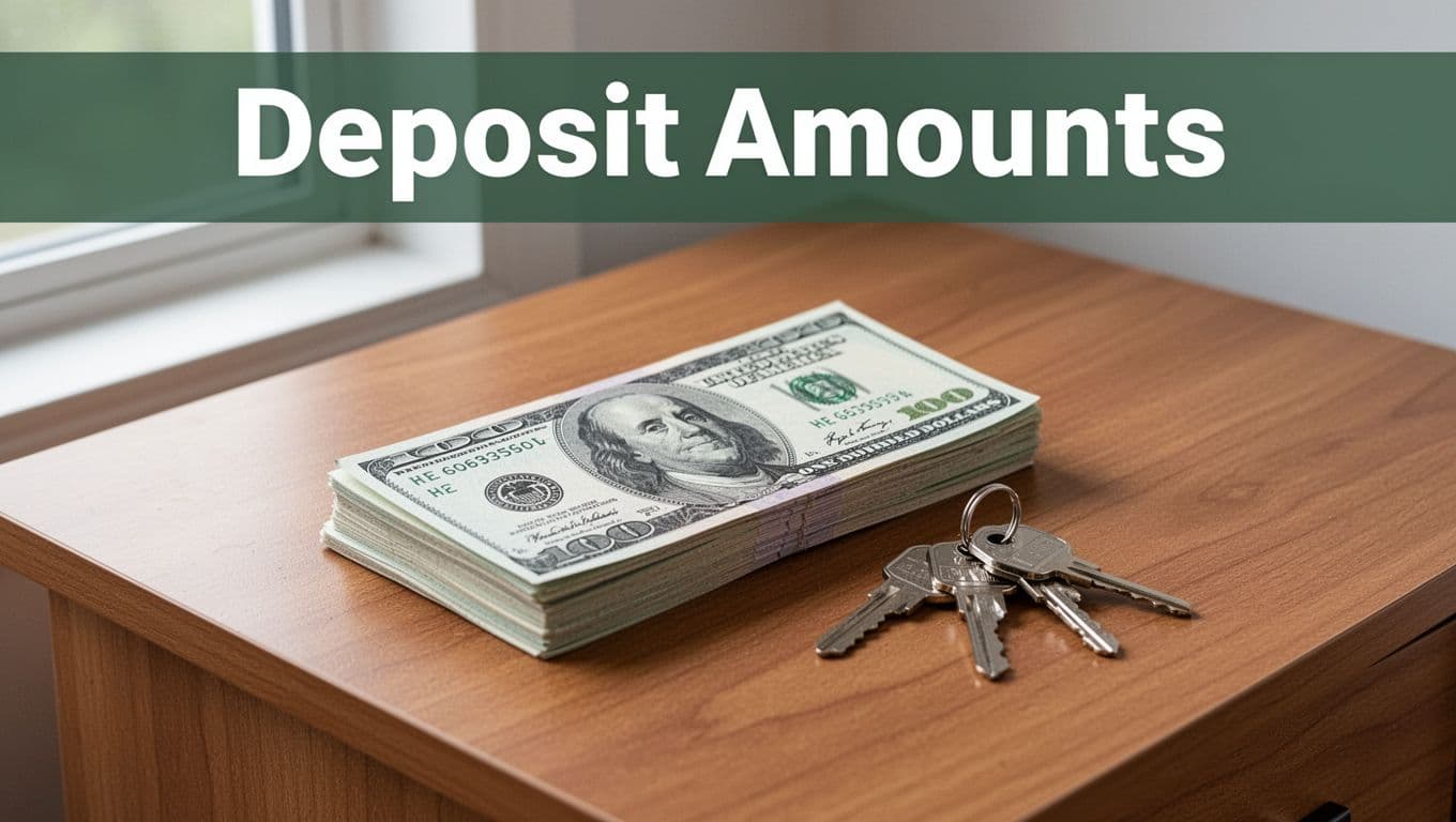 A stack of US twenty-dollar bills totaling around $2,000 sits next to apartment keys on a clean wooden entry table, illuminated by natural light, featuring a 'Deposit Amounts' headline band.