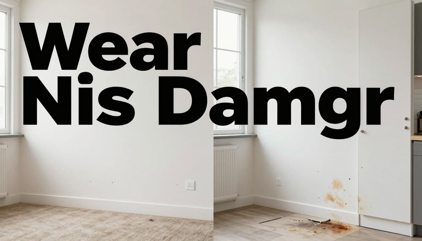 Side-by-side split image in a modern rental apartment kitchen-living area showing normal wear and tear on the left (faded beige carpet, small nail holes, subtle scuffs) versus severe damage on the right (large wall gouges, pet urine stains, broken cabinet door), topped with bold 'Wear vs Damage' headline.